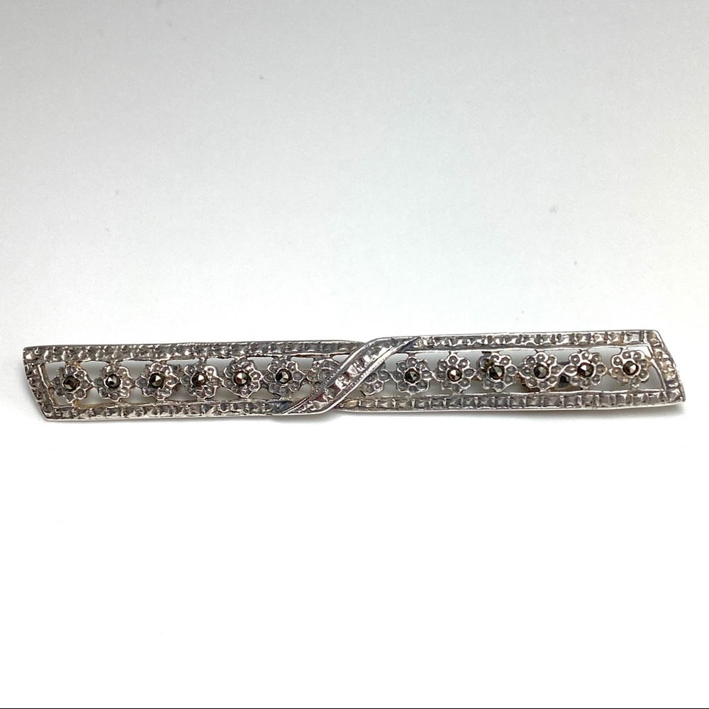 Sterling Silver Marcasite Brooch Pin Art Deco Long Narrow Filigree Floral